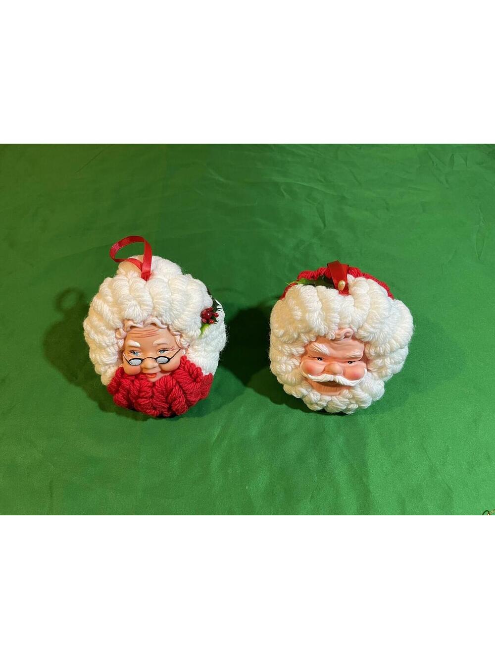 Vintage Santa and Mrs. Claus Head Ornaments Rubber Faces Yarn Hair Handmade